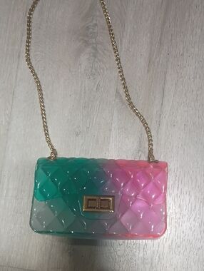 Green to Pink Ombre Quilted Crossbody Bag with Gold Chain
